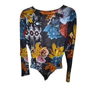 CQ By CQ Floral Long Sleeve Bodysuit Nylon/Spandex Large Sexy Sheer Stretch Cute